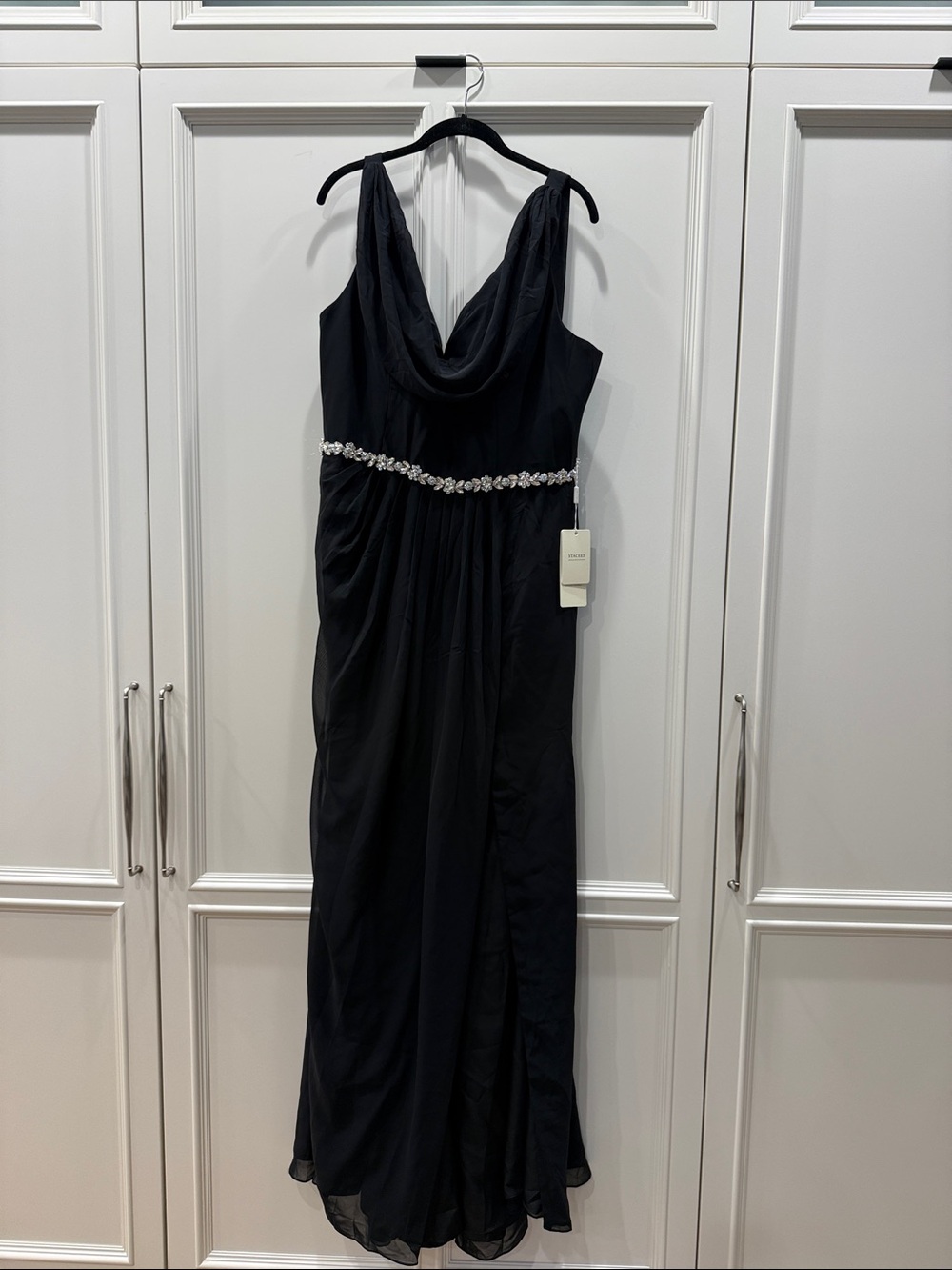 Black Beaded Waist Maxi Dress with Cowl Neck